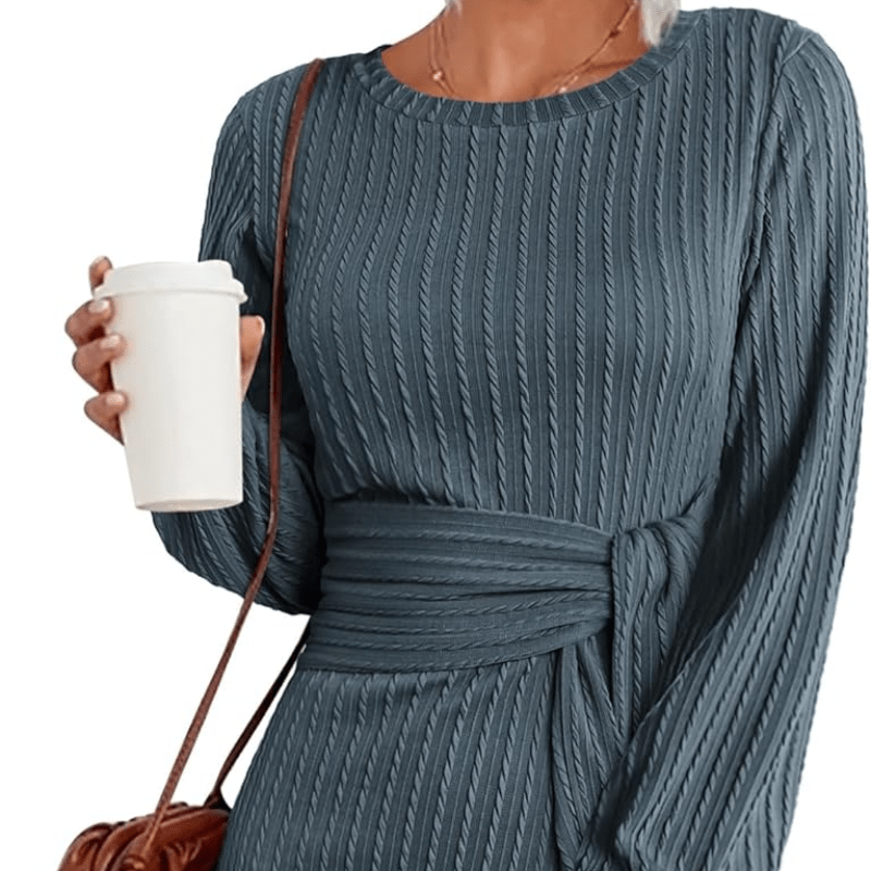 

Women's Casual Knit Dress Long Lantern Sleeve Fall Bodycon Dress Crewneck Tie Waist Rib Knitted Sweater Dresses