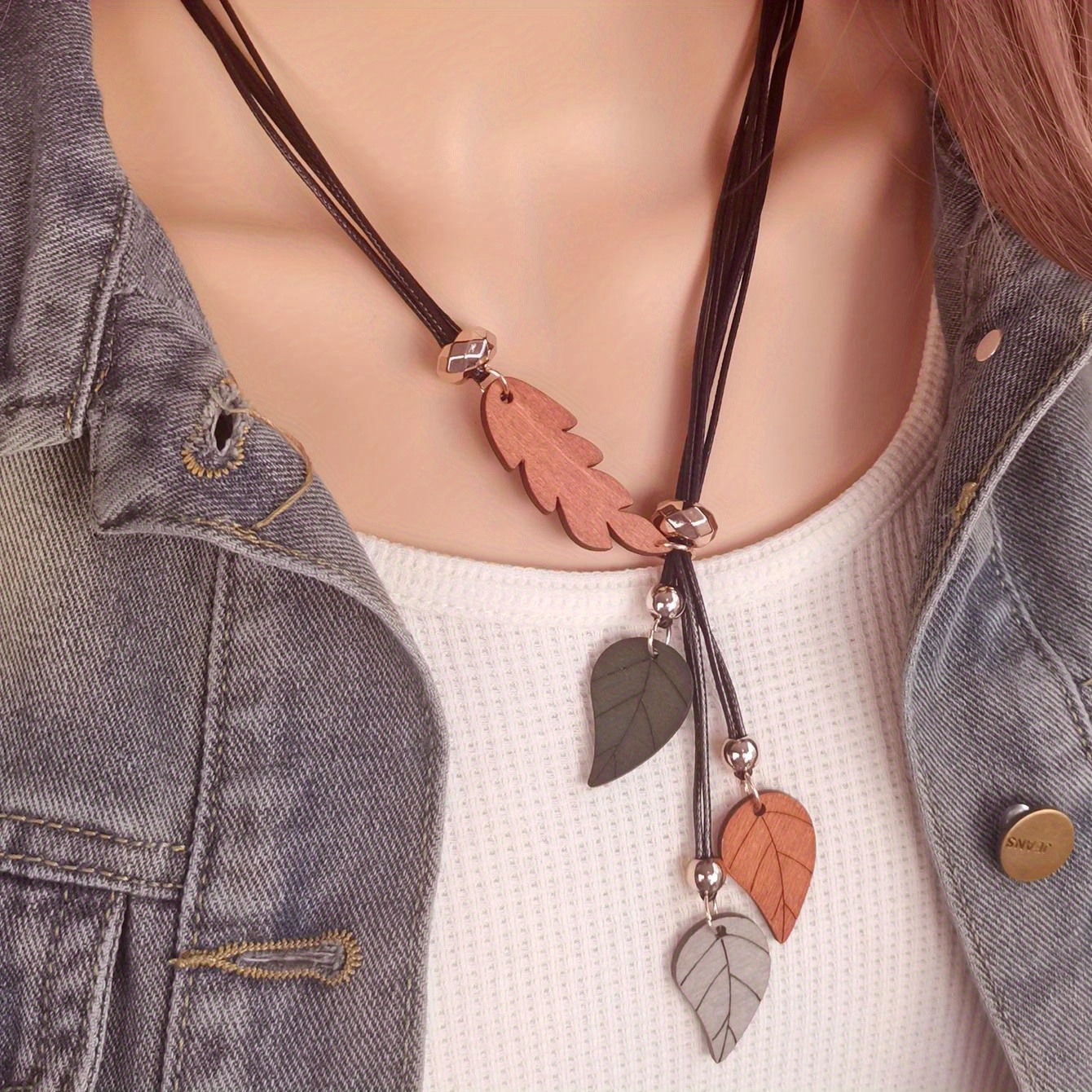 

Bohemian Handmade Wooden Leaf Pendant Necklace For Women - Vintage Ethnic Statement Collar, Adjustable Cord, All-season, Ideal For Daily And Gift-giving Occasions, No Metal, Christmas Holiday Suitable