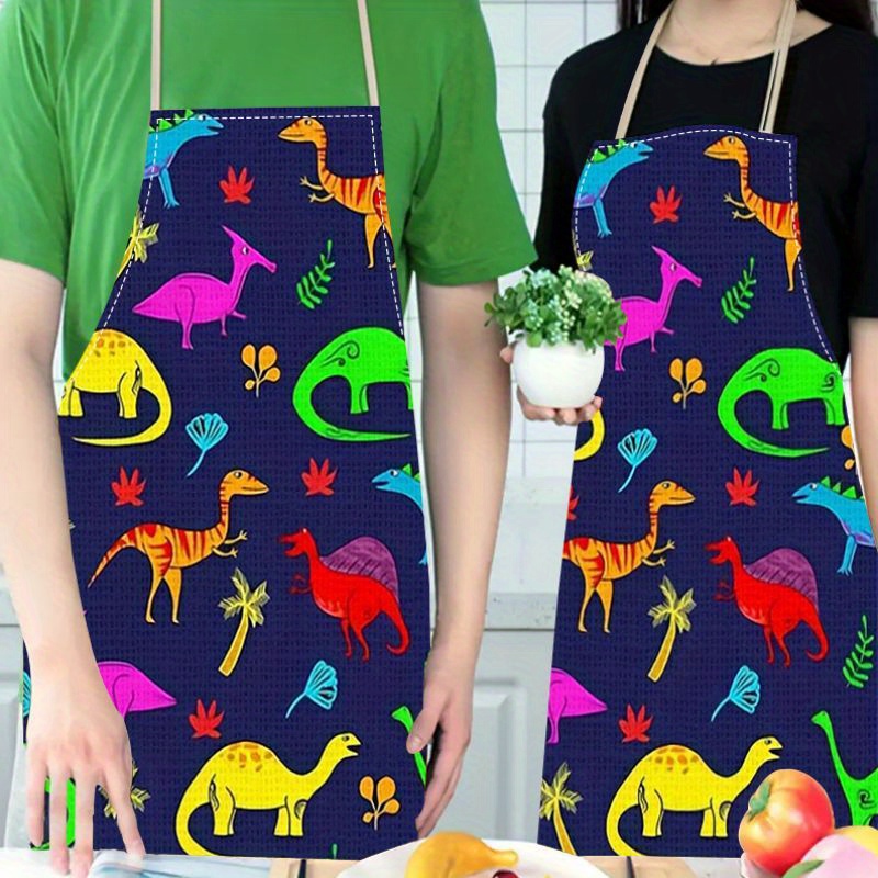 

1pc Cute Dinosaur & Floral Linen Apron - Thick, Waterproof Waist Design For Cooking, Gardening & Household Tasks