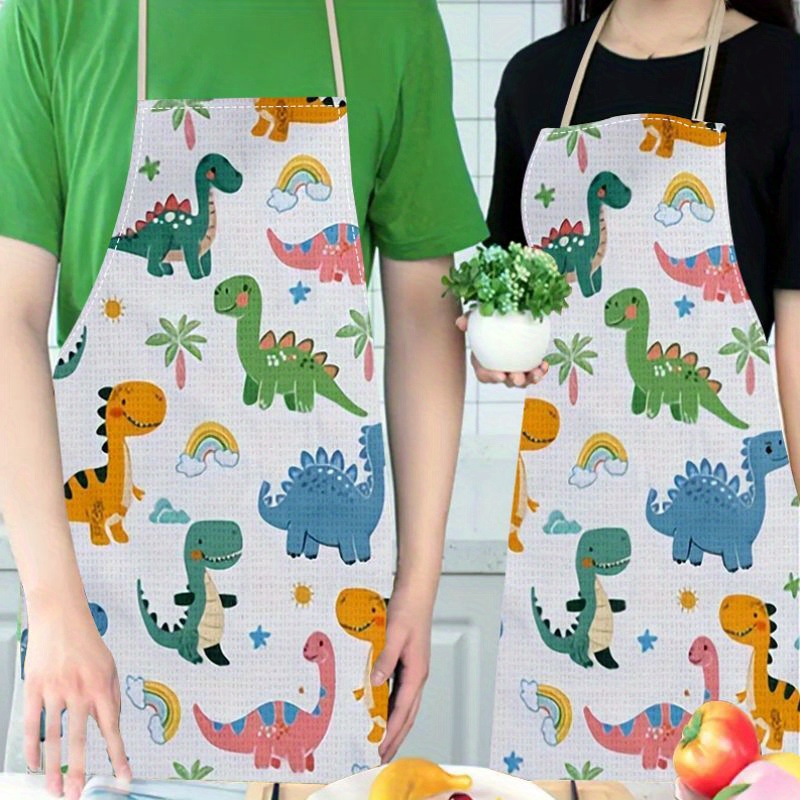 

1-piece Dinosaur Cartoon Print Apron - 100% Linen - Fashion Kitchen Cooking Apron - Waterproof, Thick - Universal Home And Outdoor Use - Cute Animal Design - Stylish Household Kitchen Workwear