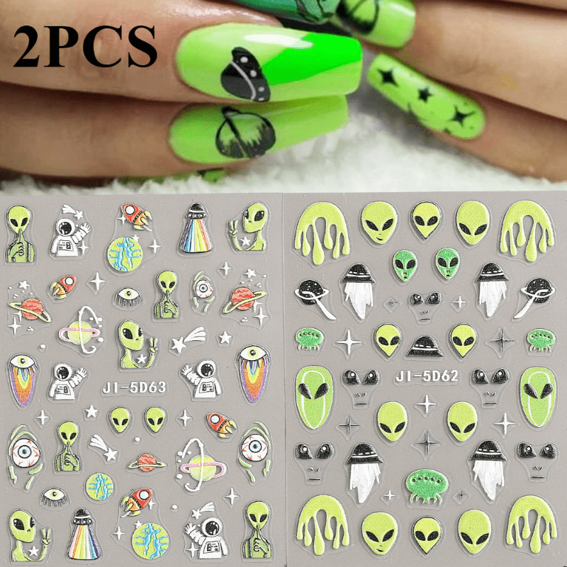 2-sheet 5d Ufo Astronaut Space Nail Stickers - Self-adhesive 3d Relief Decals With, Irregular Shapes Suitable For &, Nail Art For Parties, Daily Wear, Themed Events