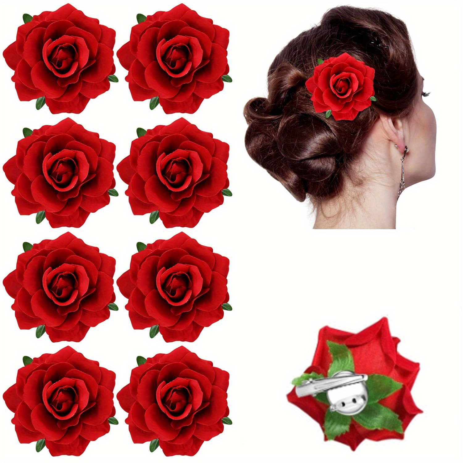 TEMU 8pcs Elegant Red Rose Hair Clip Set - Rose Hairpins Suitable For , Weddings, And Festive Occasions