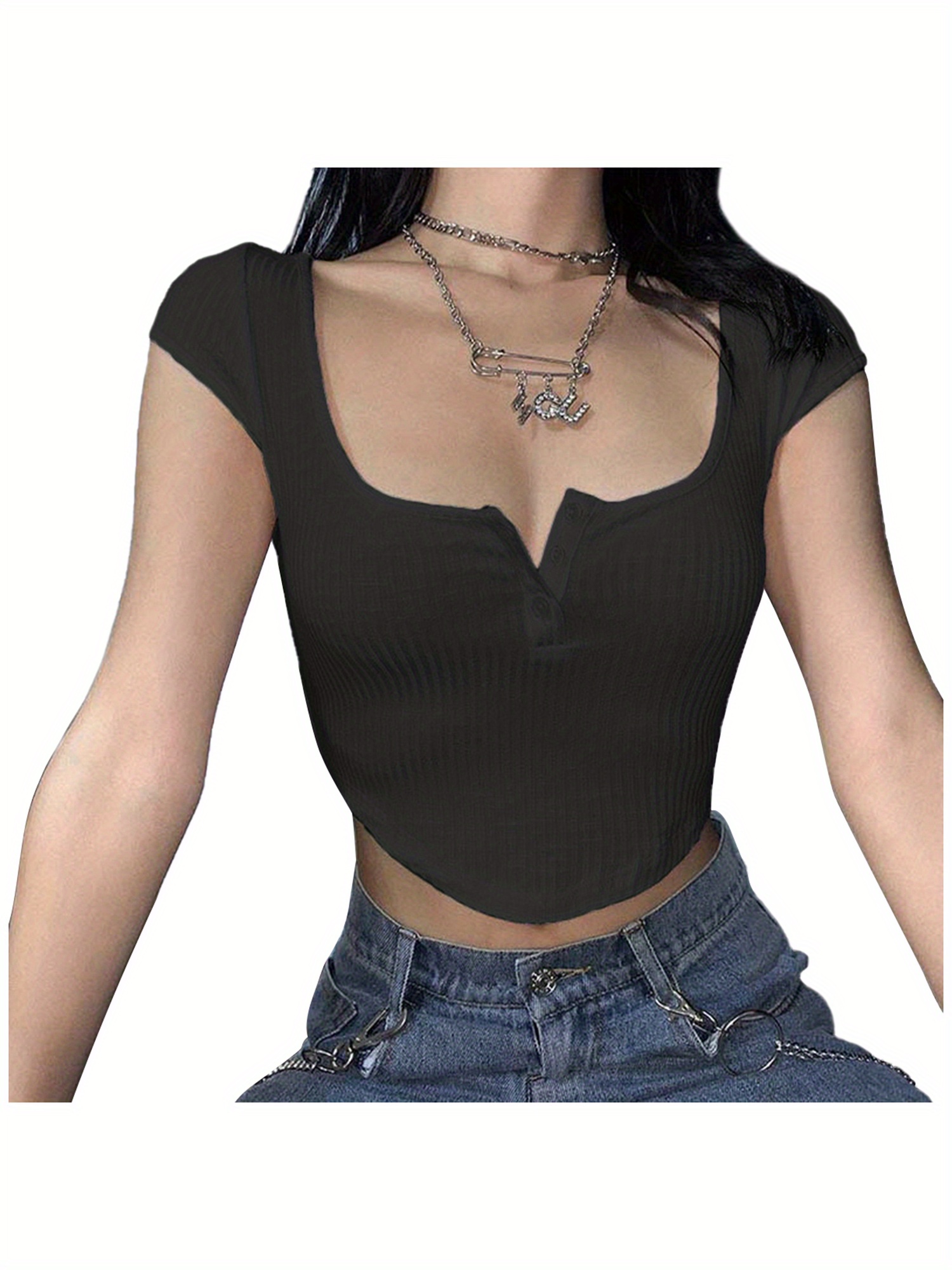 women crop short sleeve square collar Temu