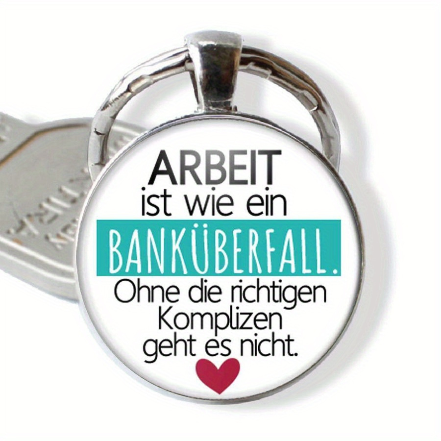 Fashionable Clover & Horseshoe Charm Keyring With German Motivational Quote, Zinc Alloy Keychain With Red Heart Detail, Perfect Gift For Colleagues And