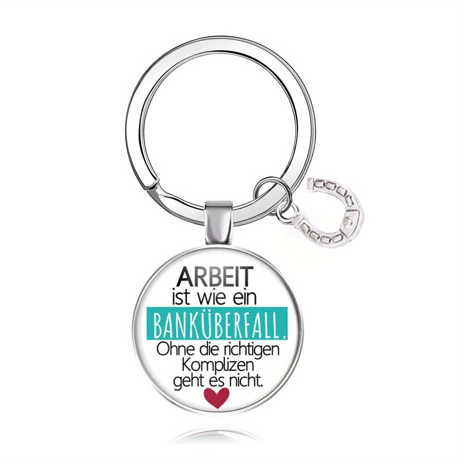 Image of Fashionable Clover & Horseshoe Charm Keyring With German Motivational Quote, Zinc Alloy Keychain With Red Heart Detail, Perfect Gift For Colleagues And
