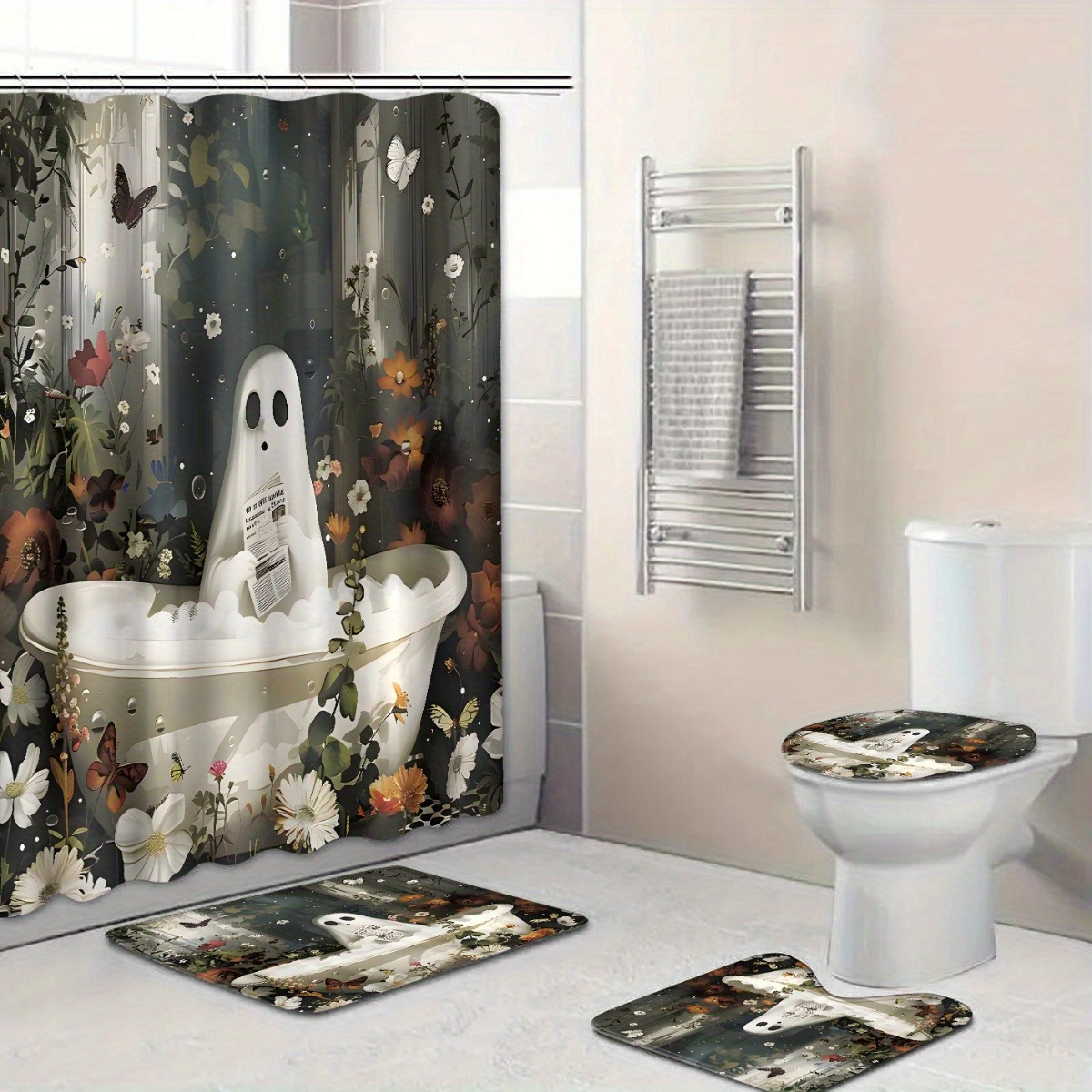 

Horror Chic Ghost Halloween Shower Curtain Set With Non-slip Rug, Toilet Lid Cover, Bath Mat - Woven Polyester Waterproof Bath Curtain With 12 Hooks - Decorative Ghostly Butterfly & Floral Design