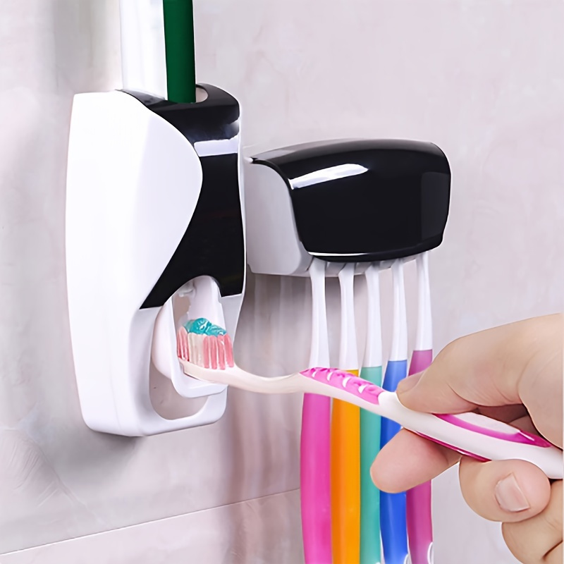 

Automatic Toothpaste Dispenser And 5-slot Toothbrush Holder Set - Wall Mounted, Hands-free, No Electricity Needed, Hygienic Bathroom Organizer Accessory, Plastic Construction