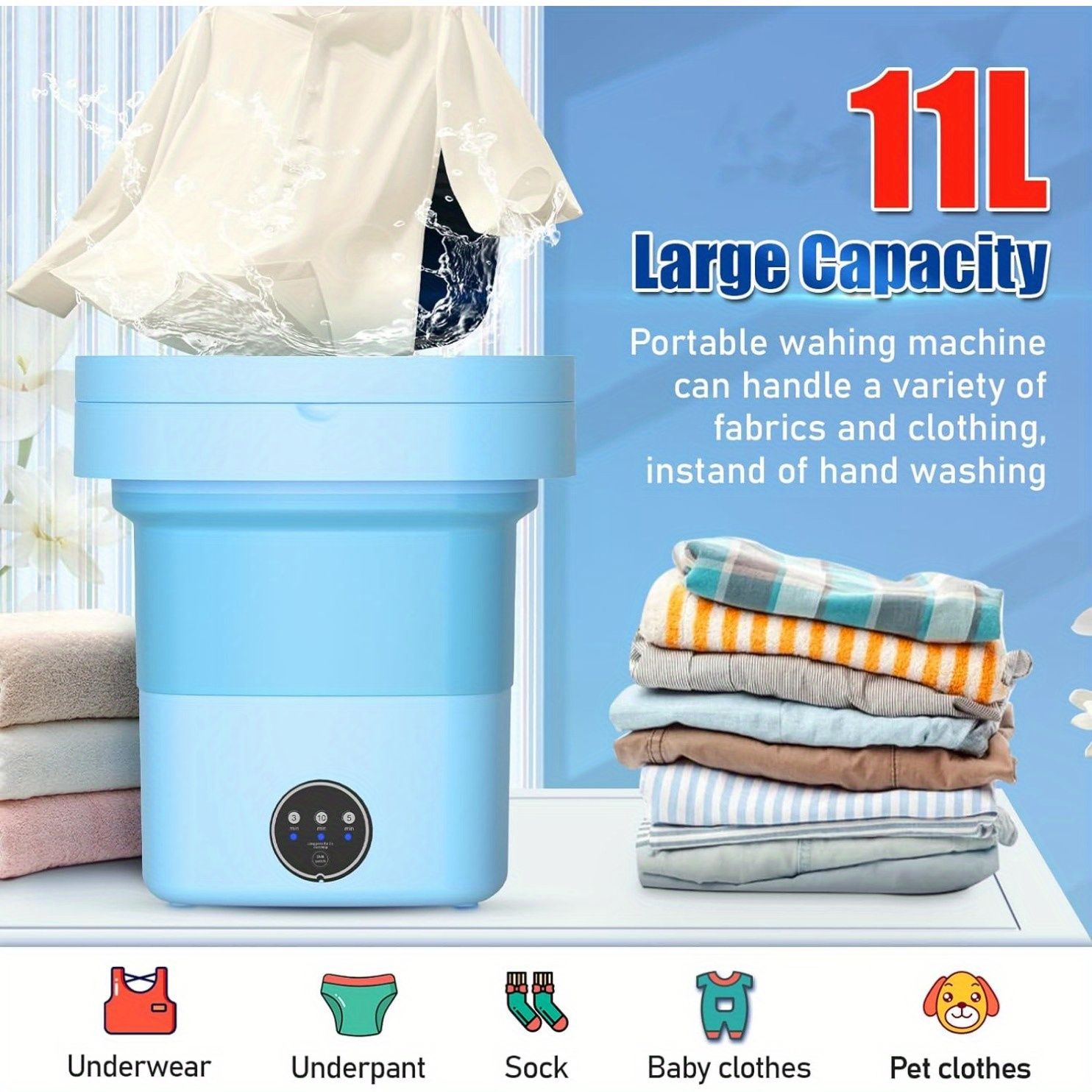 

Compact 11l Portable Washing Machine - Foldable, Energy- With 3 Cleaning , Ideal For , Clothes & Travel Laundry, Blue With White Lid