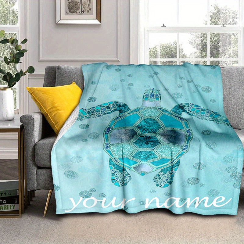 

Customizable Sea Turtle Flannel Throw Blanket - Personalized Name, Soft Polyester, Digital Print, All-season Comfort, Contemporary Style For Bed, Sofa, Office, Camping - Machine Washable