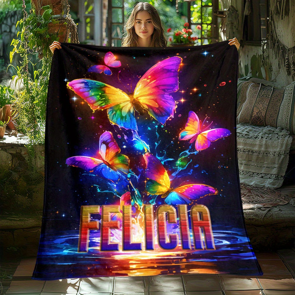 TEMU Custom Name Butterfly Blanket - Soft, Lightweight Flannel Throw For Couch, Bed, Travel & Camping | Vibrant | Machine Washable | Multiple Sizes Available