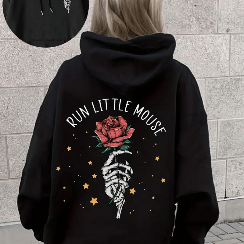 

Skeleton & Floral Print Kangaroo Pocket Hoodie, Casual Long Sleeve Drawstring Hooded Sweatshirt, Women's Clothing