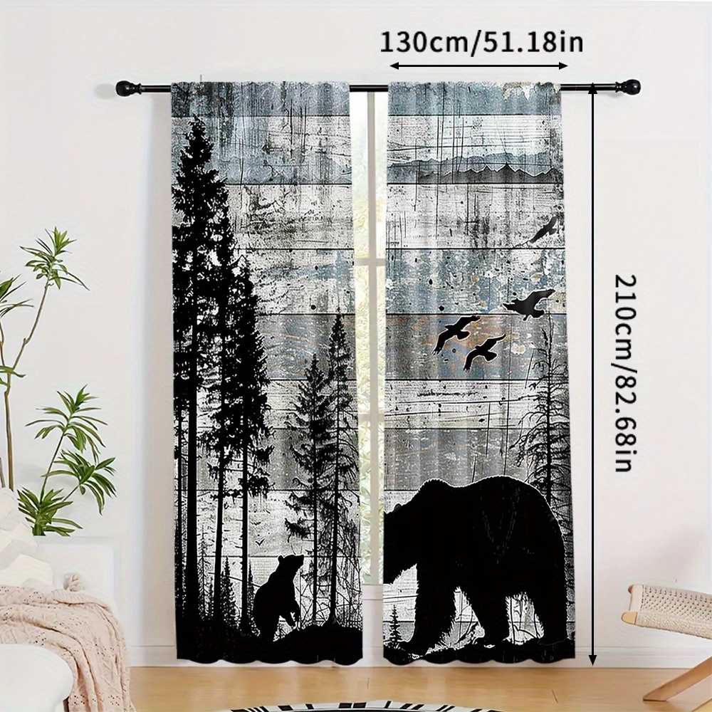 TEMU 2pcs Rustic Cabin Curtain, Farmhouse Country Bear Forest Vintage Wood Decor Curtain, Hunting Camping For Living Room Bedroom