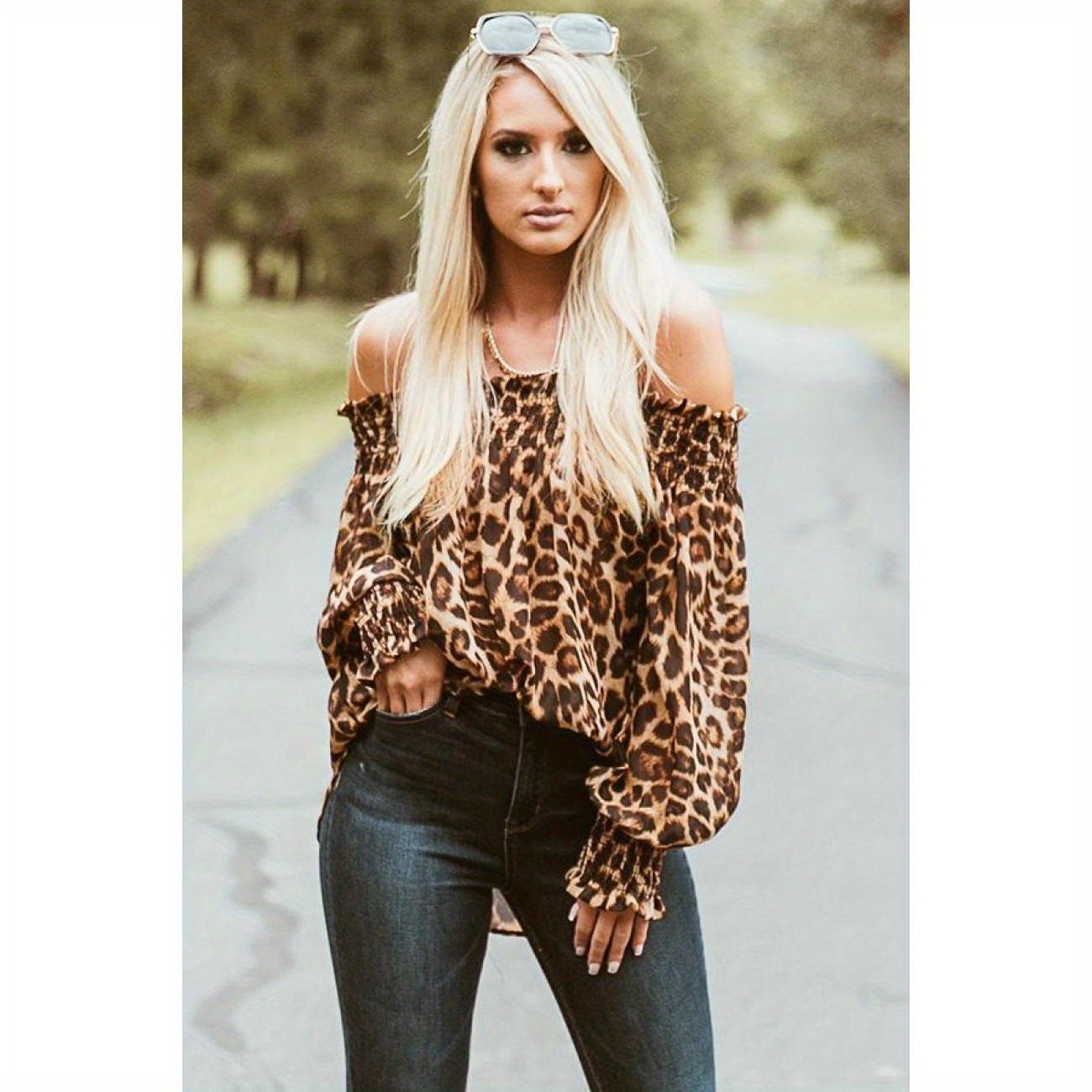 

Leopard Print Off Shoulder Blouse, Sexy Lantern Sleeve Loose Streetwear Blouse, Women's Clothing