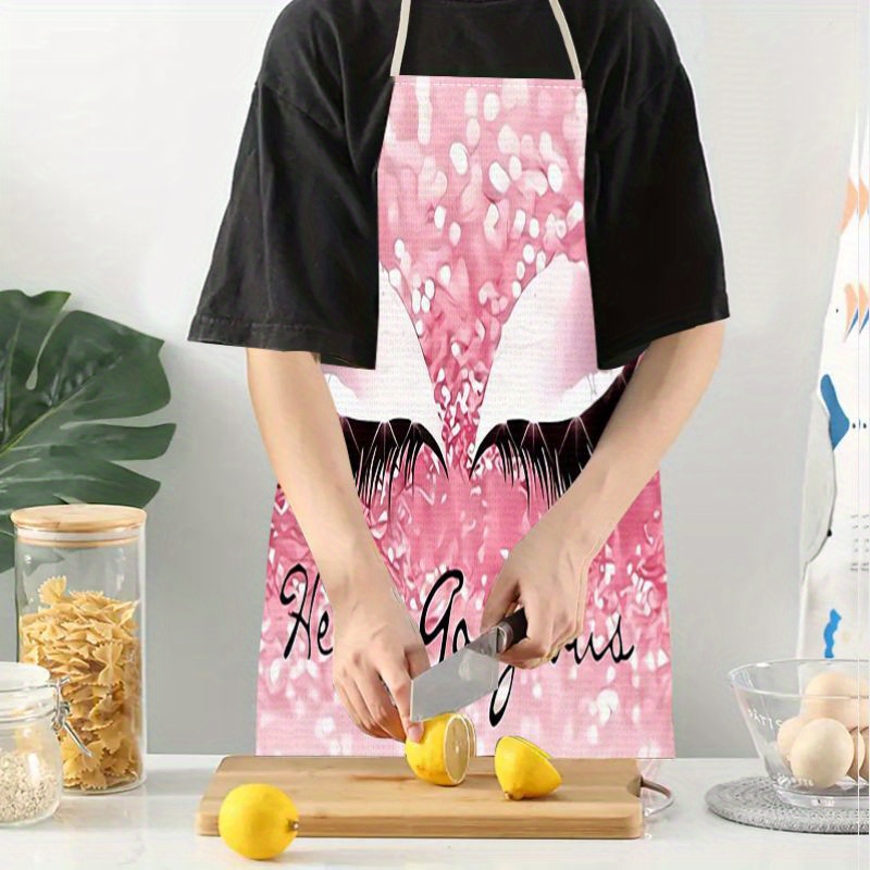 

1pc Fashionable Floral Print Apron With Eyelash Design - 100% Linen Woven Fabric, Waterproof Kitchen Apron For Home And Outdoor Use, Stylish Cooking Workwear, Cute Cartoon Hello Linen Apron