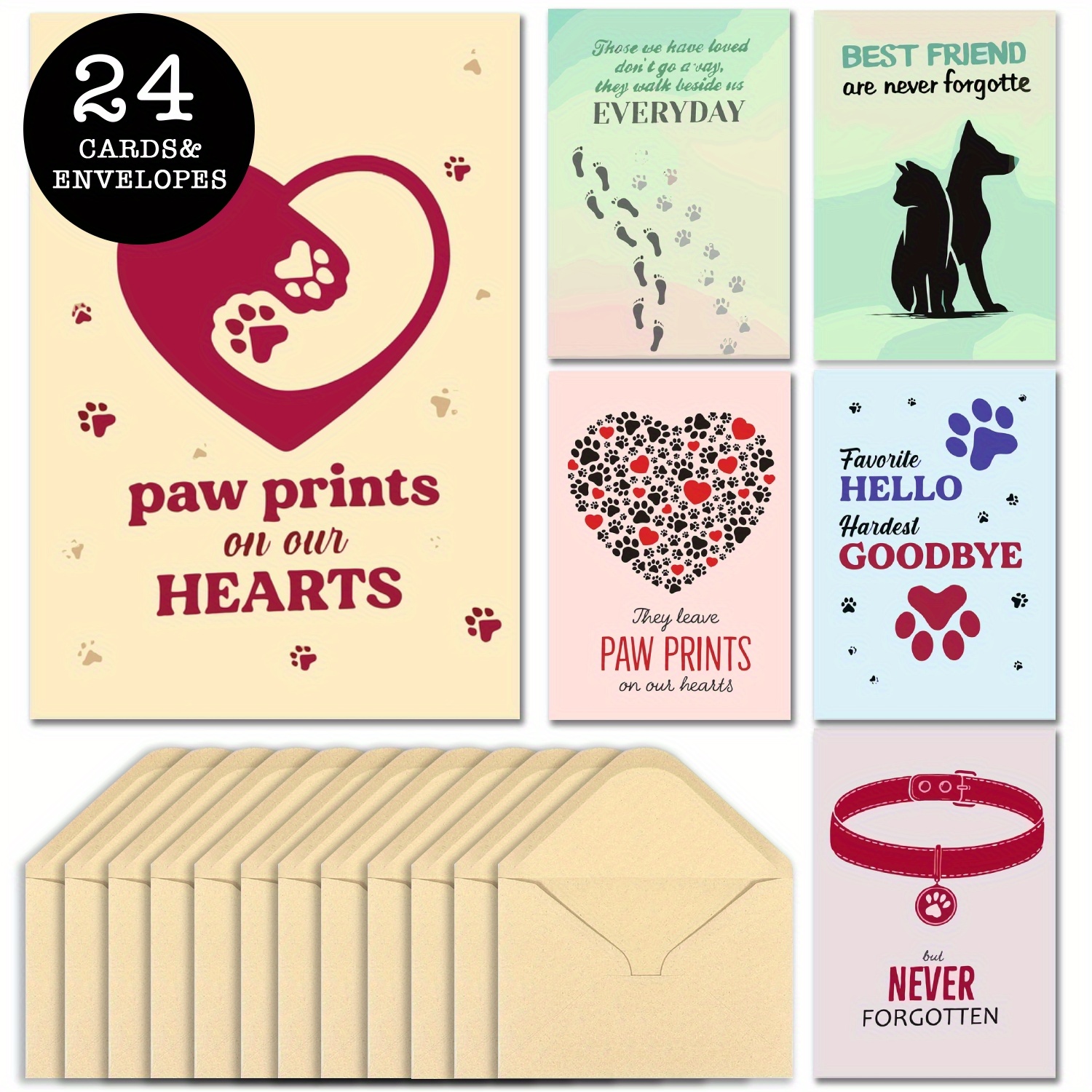 

24 Pet Sympathy Cards Assortment With Envelopes - Condolence Cards For Loss Of Dog, Cat - Thoughtful Bereavement Cards For Pet Owners - Set Of 24 Cards In 6 Heartfelt Designs