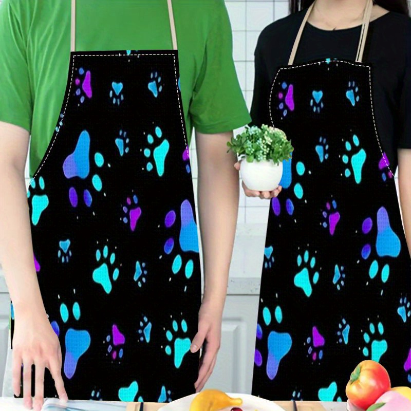 

1-pack Linen Apron With Paw Print Design, Cartoon Style Waterproof Thickened Waist Apron For Cooking, Fashionable Floral Home Kitchen Work Clothes, Universal Outdoor Home Use