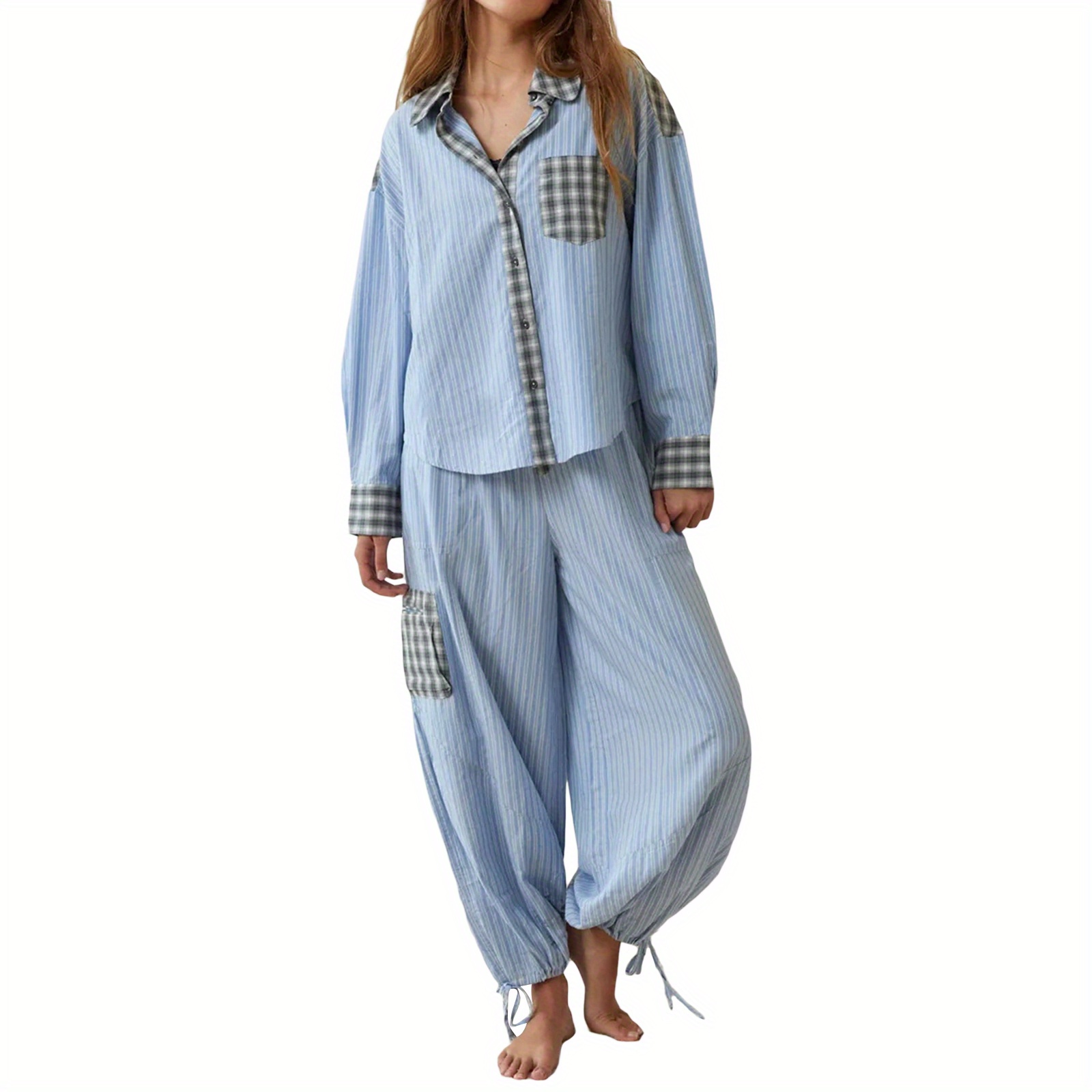 

Women Pajama Set, Plaid Long Sleeve Button Closure Shirt With Elastic Waist Pants Sleepwear Loungewear