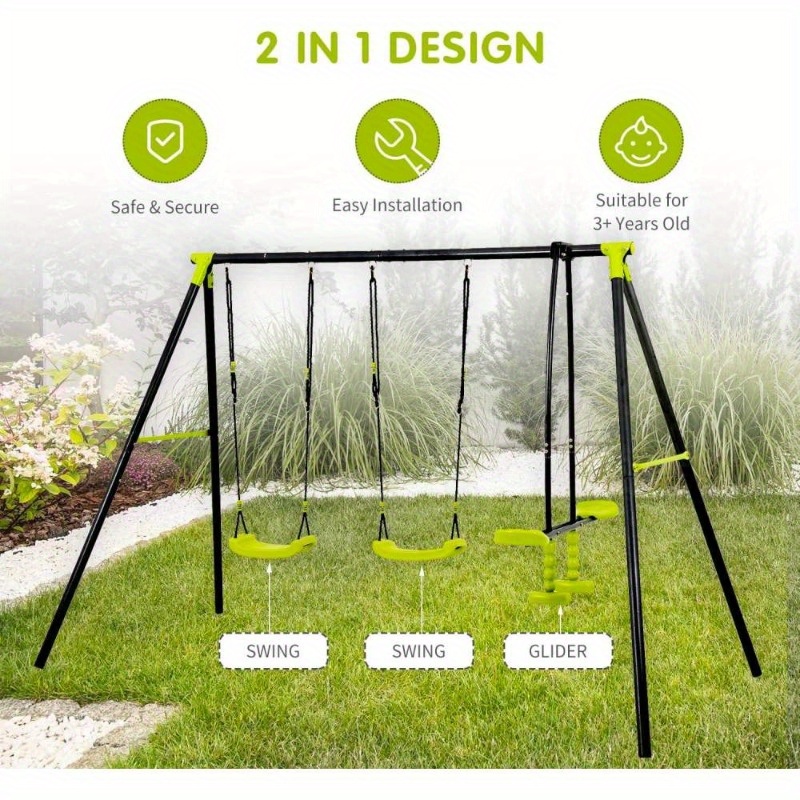 

Xns008 Interesting Triple Children Metal Safe Swing Set 440lbs For Outdoor Playground 3 Seat Swing Black And Green For Age 3+