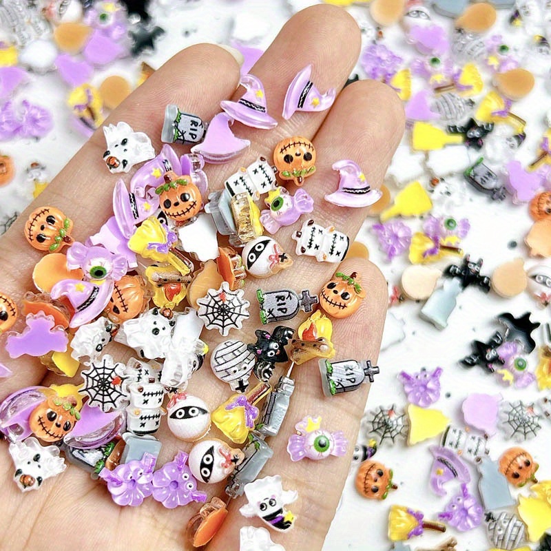 

100-piece Halloween Nail Art Charms Set, Resin Nail Decorations, Assorted Diy Spooky Craft Embellishments, Mixed Shapes - Alcohol Free