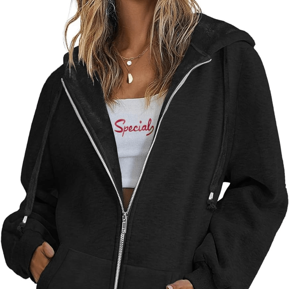 

Zip Up Fleece Drawstring Hoodie, Casual Long Sleeve Oversized Outwear With Pocket, Womens Clothing