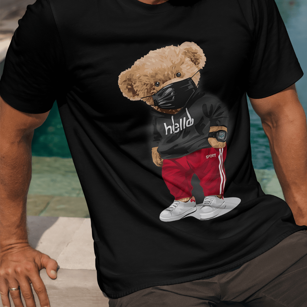 

Men's Bear Graphic Print T-shirt, Casual Short Sleeve Crew Neck Tee, Men's Clothing For Summer Outdoor