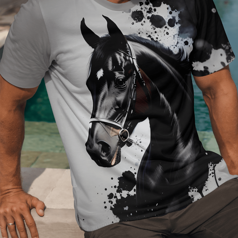 

Men's Horse Graphic Print T-shirt, Short Sleeve Crew Neck Tee, Men's Clothing For Summer Outdoor