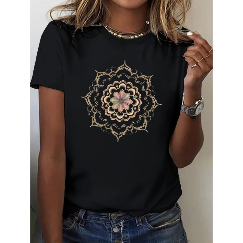 

Floral Hand Drawn Mandala Inspired Design Pure Cotton Women's Tshirt Comfort Fit