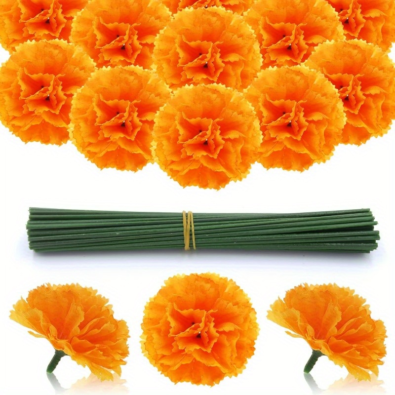 

Artificial Flower Heads With Stems - 50 Pack, Silk Marigolds For Diwali Decoration, , Fall & Universal Holiday Decor, Featherless, Electricity-free