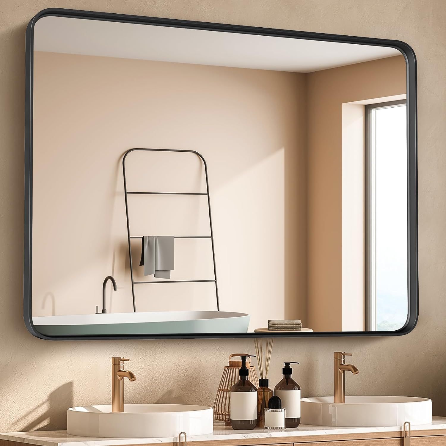 

Bathroom Vanity Mirror For Wall, 22"x30"/24"x36"/40"×30" Inch Black Metal Framed Wall Rectangle Mirrors Anti-rust, Tempered Glass For Farmhouse, Corner, Bedroom