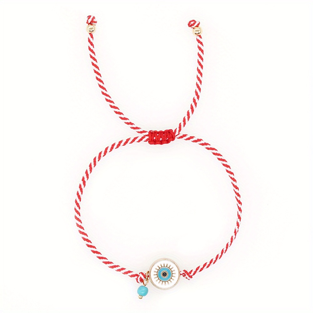 E-shop Boho-Elegante Armband aus roter und weißer Kordel mit Augen-Anhänger und türkisfarbenem Perlenakzent - Verstellbares Freundschaftsarmband aus