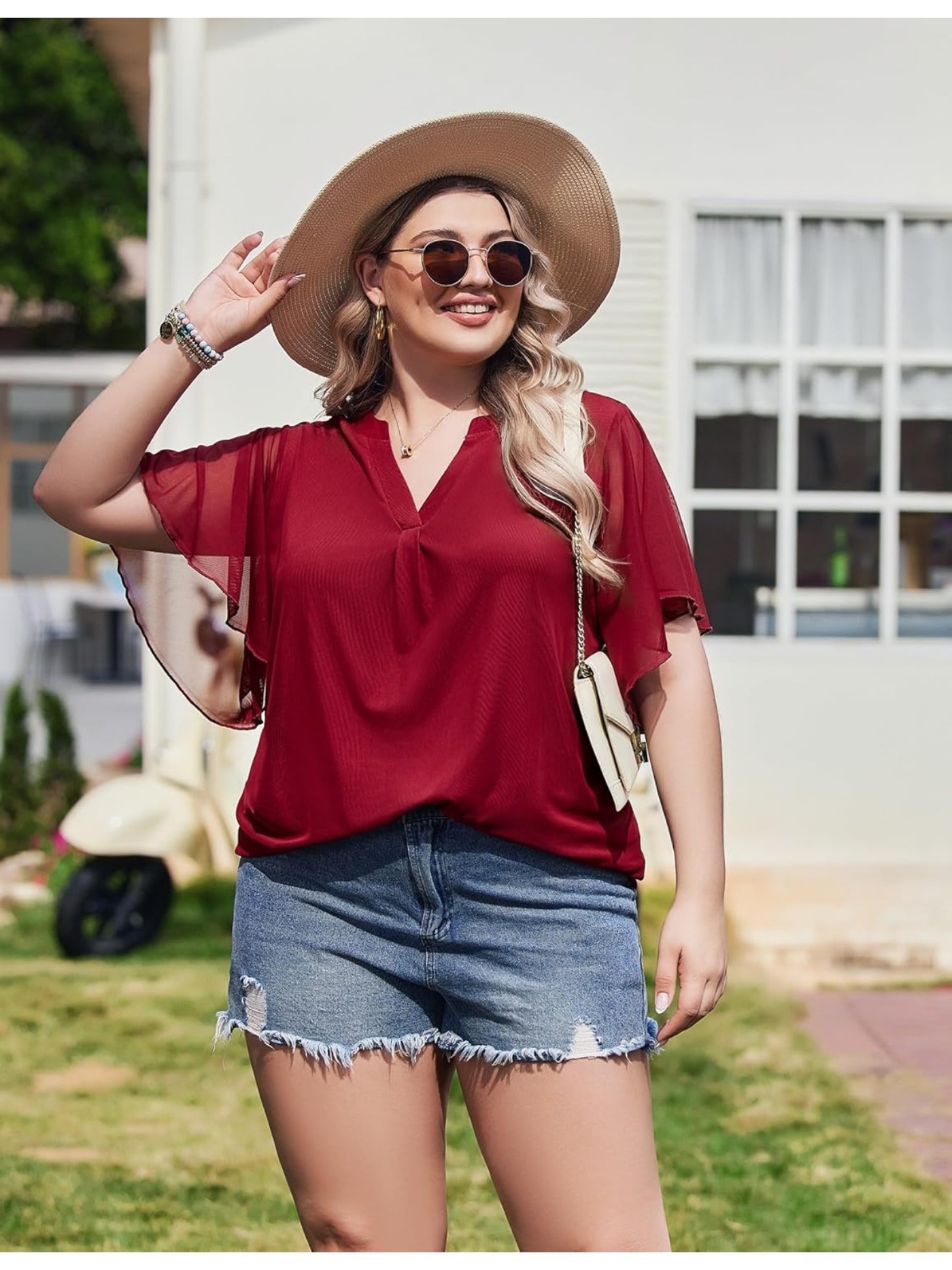 red flowy blouse