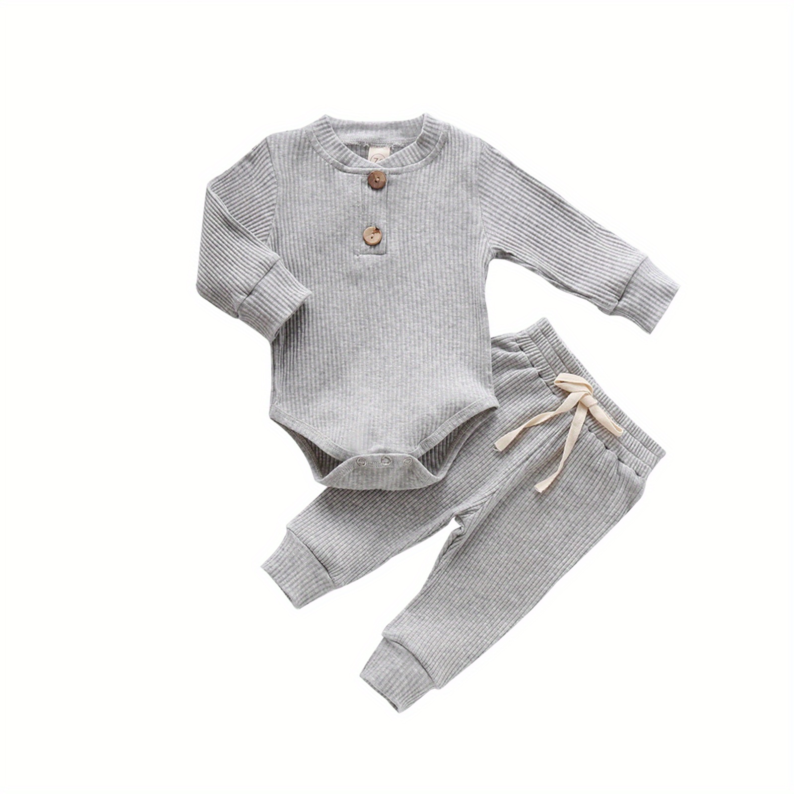 

Newborn Pants 2 Pcs Outfits Solid Color Ribbed Long Sleeve Romper With Elastic Waist Trousers For Spring, Fall