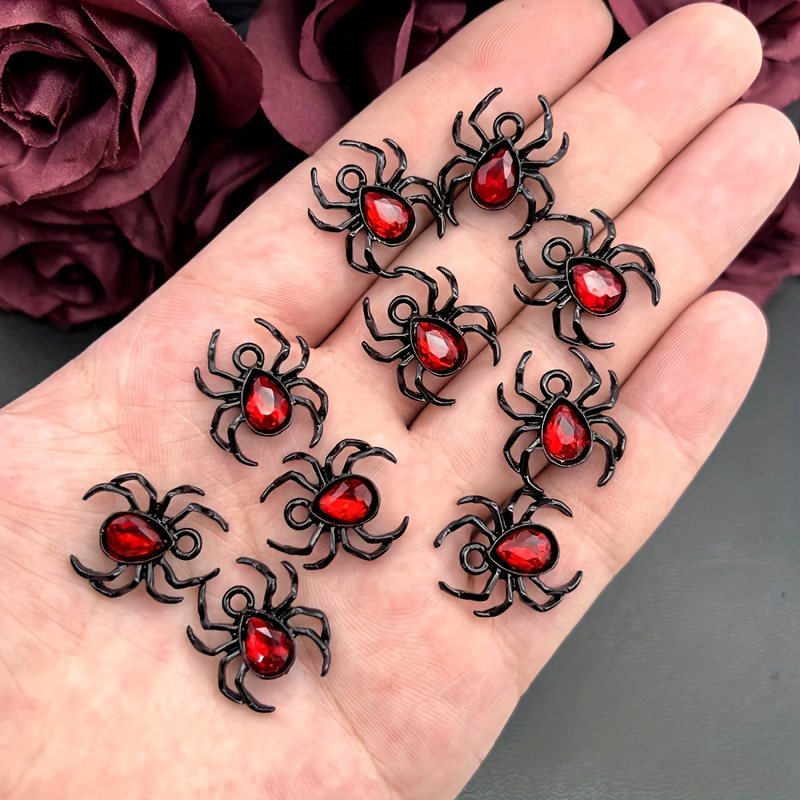 

10pcs Spider Gothic Pendants - Artificial Crystal, Alloy, Punk Style, No Plating, Animal Shape, Black Color, Halloween Jewelry Accessories For Women