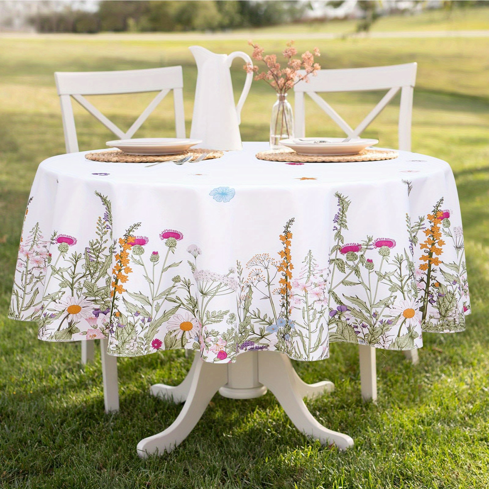 

1pc Floral Round Tablecloth, Waterproof Spillproof Table Cloths Wrinkle Resistant, Washable Polyester Wildflower Table Cloth Round Cover For Dining/party/picnic.