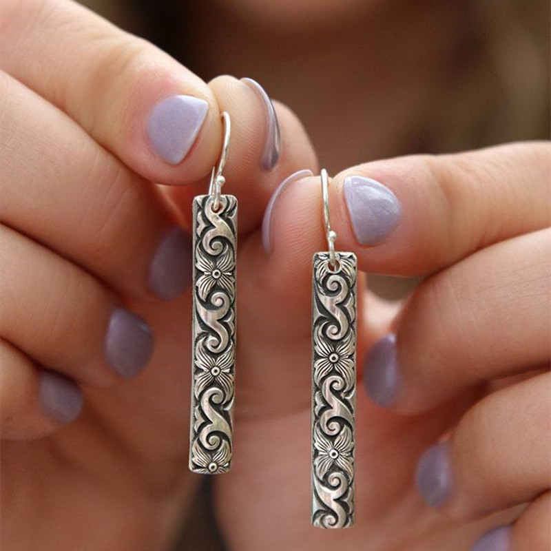 

Vintage Silvery Color Rectangle Hook Earrings For Women Ethnic Metal Carving Geometric Pattern Handmade Dangle Earrings Jewelry