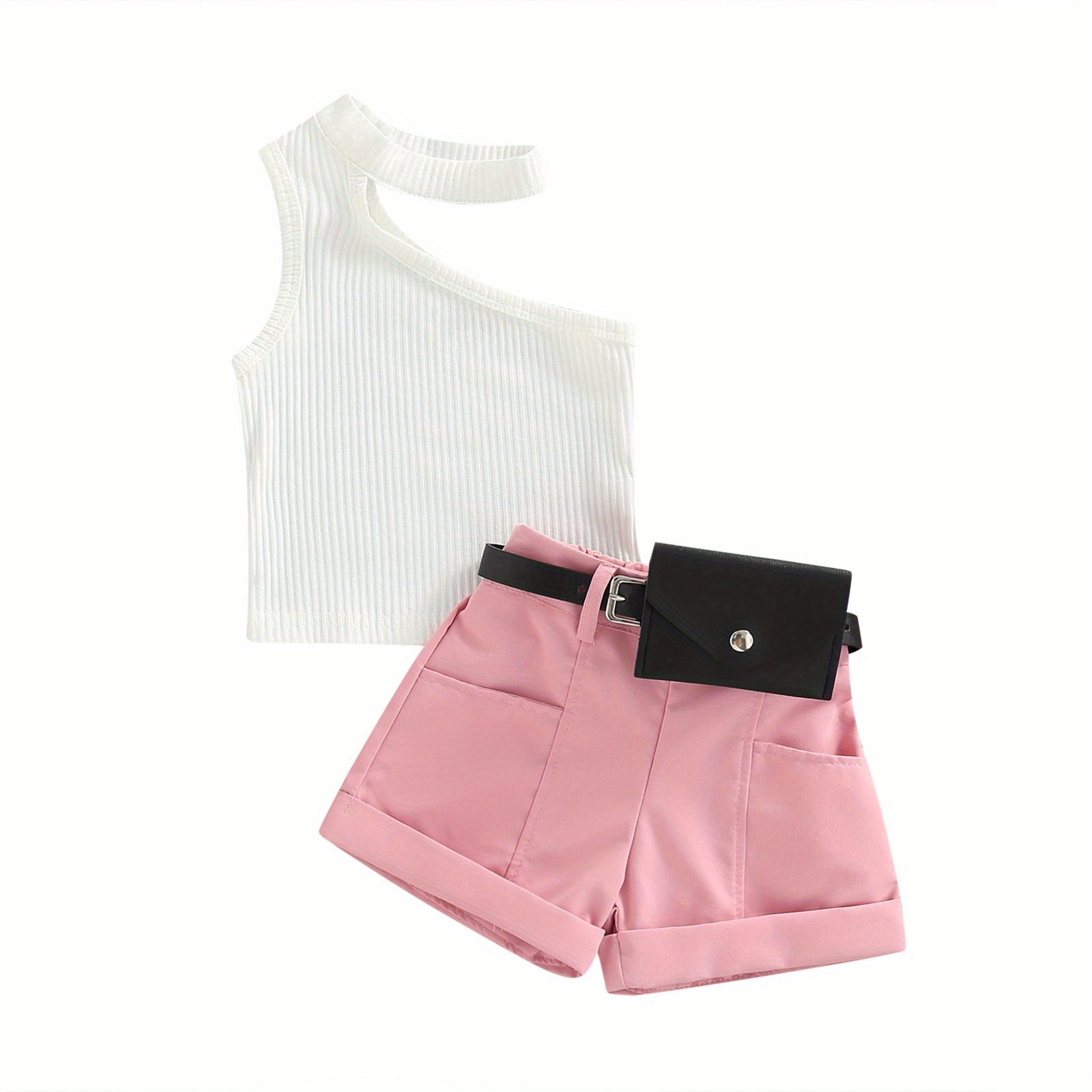 

Infant Girl Tanks Tops + Shorts + Waist Bag, Pockets Decoration Casual Style Summer Clothing