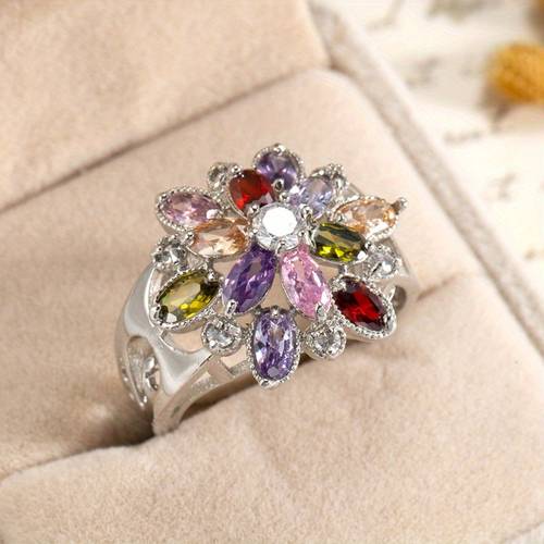 a european style gorgeous and exquisite snowflake colored cubic zirconia classic copper ring for women for weddings and engagements