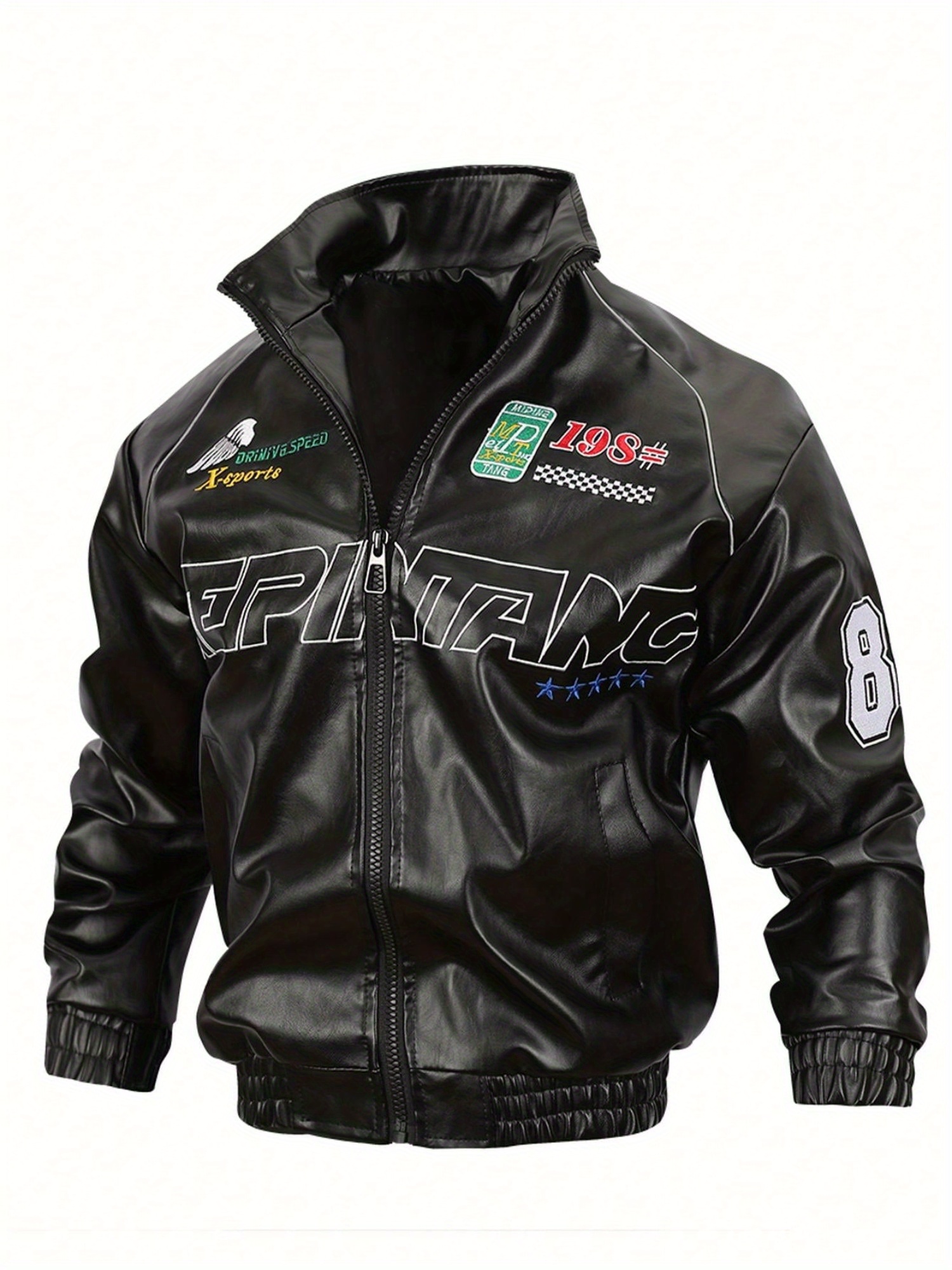 mens leather jacket 2024   collar motorcycle clothing pu jacket fashionable letter embroidery casual outerwear