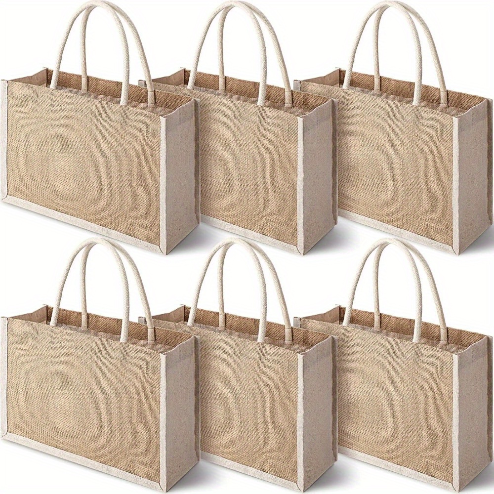 

6pcs Large Jute Canvas Tote Bags With Handles - Reusable, Sustainable Gift Bags For Christmas, Diy Crafts, Grocery Shopping, Beach Trips & Weddings