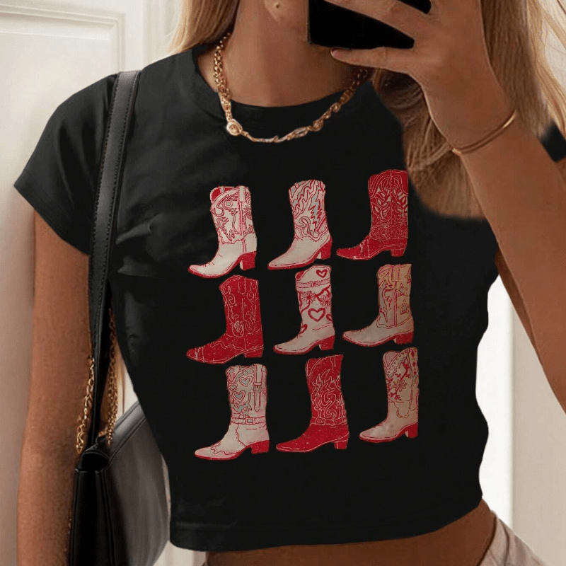 

Y2k Boots Print T-shirt, Short Sleeve Crew Neck Casual Top For Summer & Spring, Women's Clothing