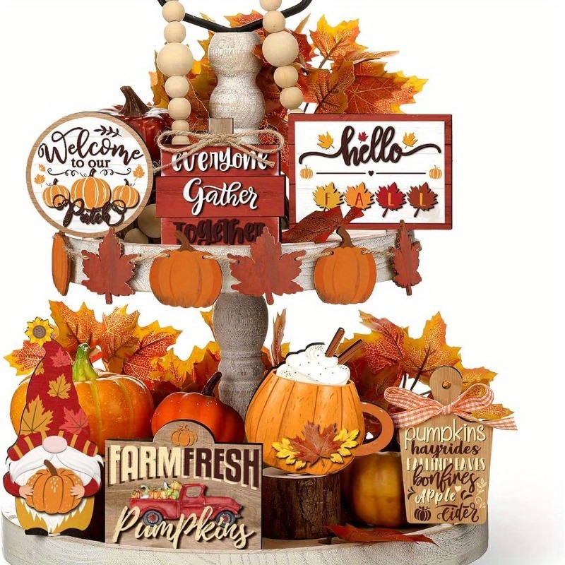 

Charming Fall Tiered Tray Decor Set - Pumpkin, Maple Leaf & Farmhouse Accents For Thanksgiving & Harvest Décor