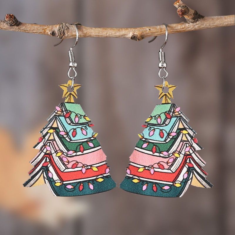 

Wooden Christmas Tree Book Dangle Earrings - Lightweight, Stainless Steel Hooks For Women | Holiday Parties & Celebrations