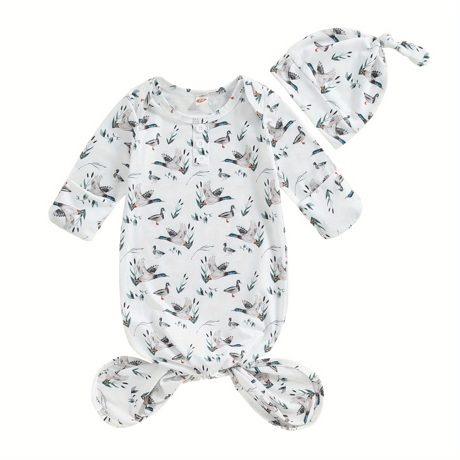 

Baby Knotted Gown With Hat Long Sleeve Duck Print Newborn Sleeper Sleeping Bag Cap Set For Boys Girls