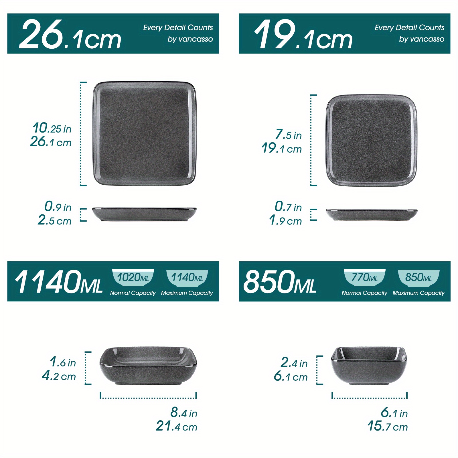 E-shop 16-teiliges Elegantes Keramikgeschirr-Set für 4 Personen - Modernes Graues Ombre-Ofenwechselglasur, Beinhaltet Speiseteller, Beilagenschüsseln &