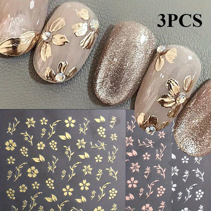 Image of 3pcs Flower Pattern Nail Art Stickers Golden Silvery Rose Golden Easy Flower Petals Leaves Self-adhesive Decorative Nail Stickers Nail Stickers Friend Gifts