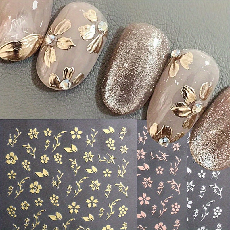 

3pcs Glossy Floral Nail Art Stickers - Golden, Silver, Rose Golden Petals & Leaves Decals, Self-adhesive Nail Embellishments With Glitter Accent, Plant-themed, Single Use, For Plastic Surfaces