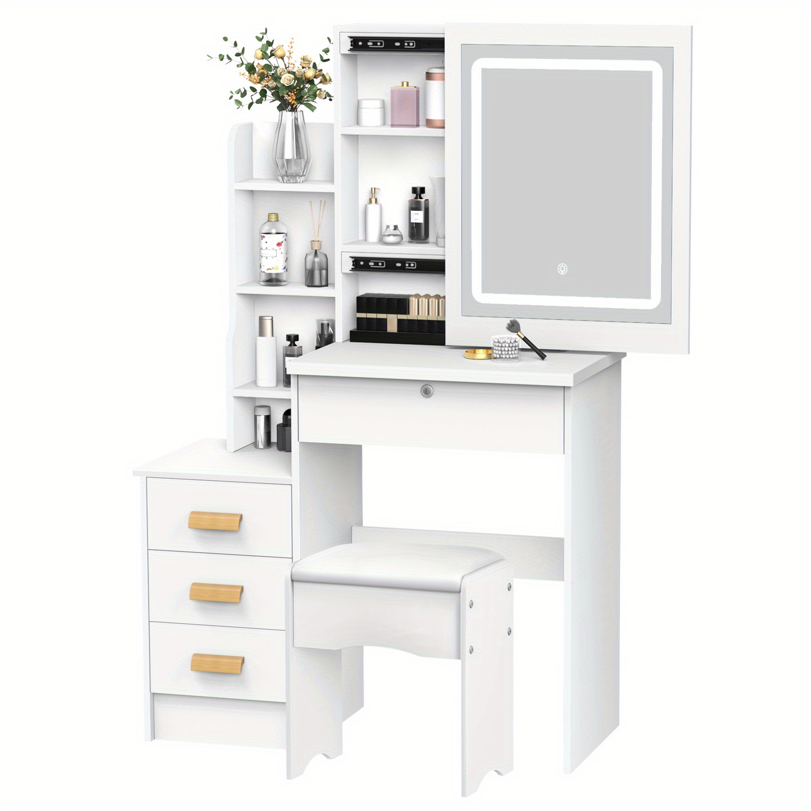 

1 X Dressing Table Dressing Table With Sliding Mirror And Light, Bedroom Dressing Table, Dressing Table With Drawers And Shelves, Hidden Storage 31.5"x15.75"x53.15