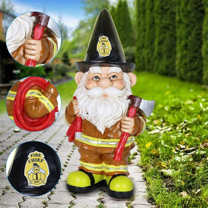 

1 Pc Firefighter Gnome Statue Decoration, Statue Resin Firefighter Old Man Garden Decoration Cute Dwarf Sculpture Patio Lawn Porch Decoration