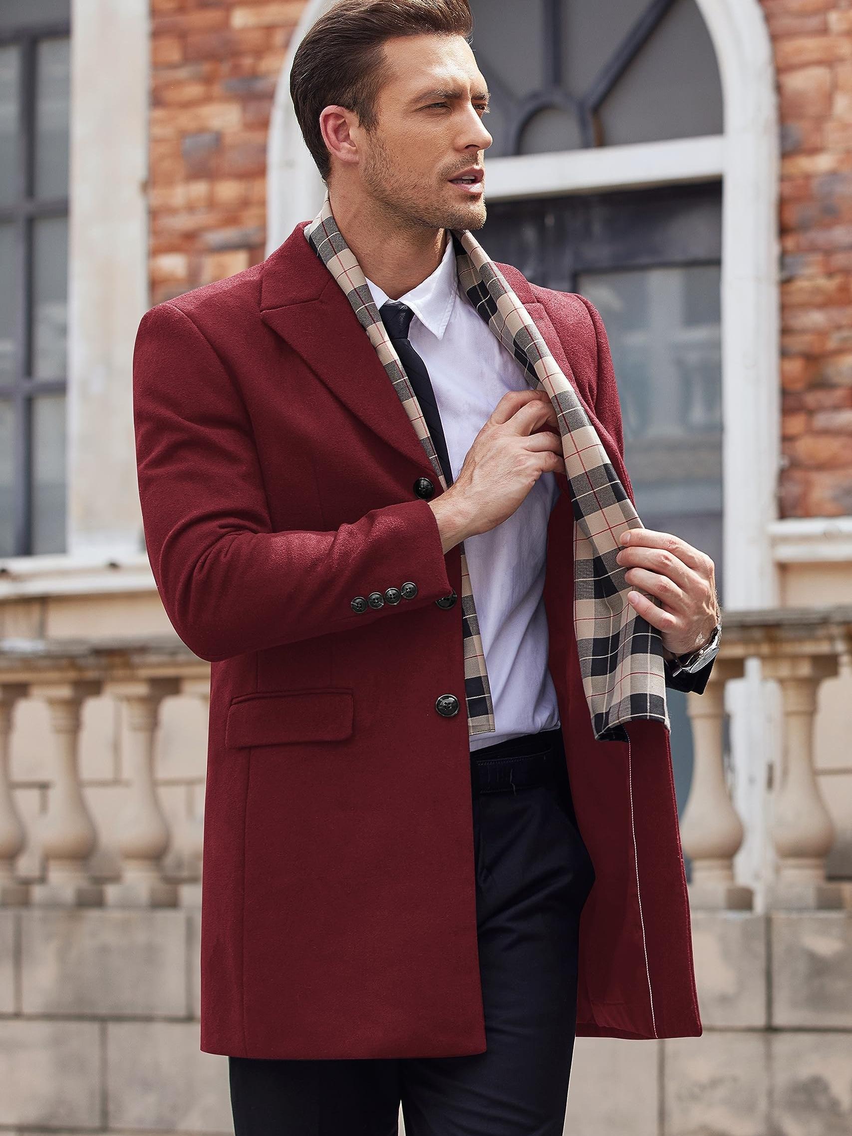 Trench Coat Mens Burgundy Peacoat Lovskoo Mens Single Breasted