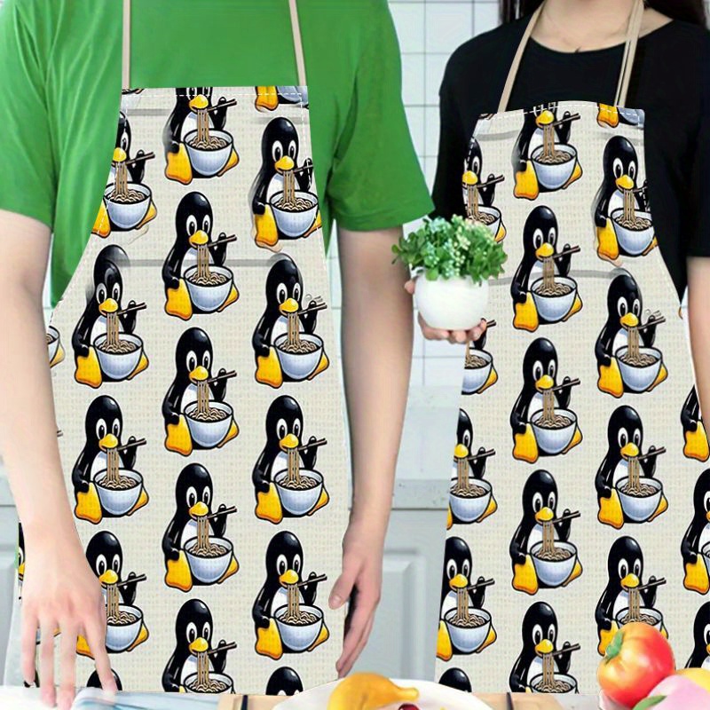 

Cartoon Penguin Pattern Apron - 1pc 100% Linen Woven Kitchen Apron With Waterproof Thickening For Cooking, Fashionable Floral Print, Home & Outdoor Use, Cute Cartoon Cooking Garment